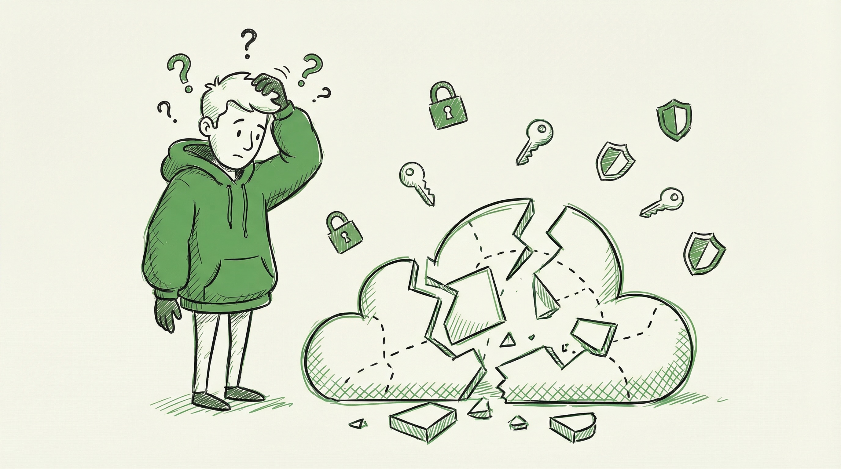 Confused hacker looking at a broken cloud